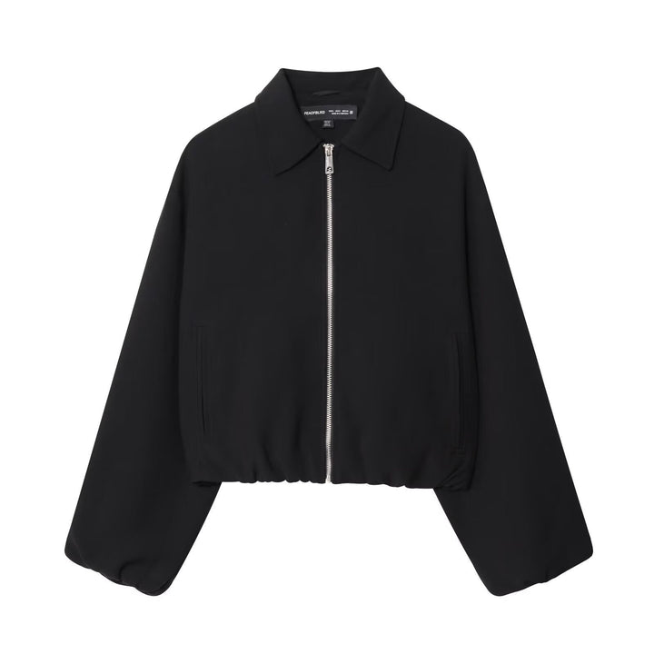 Women short jacket made of vegan leather with Kent collar, full-length zip and gathered hem