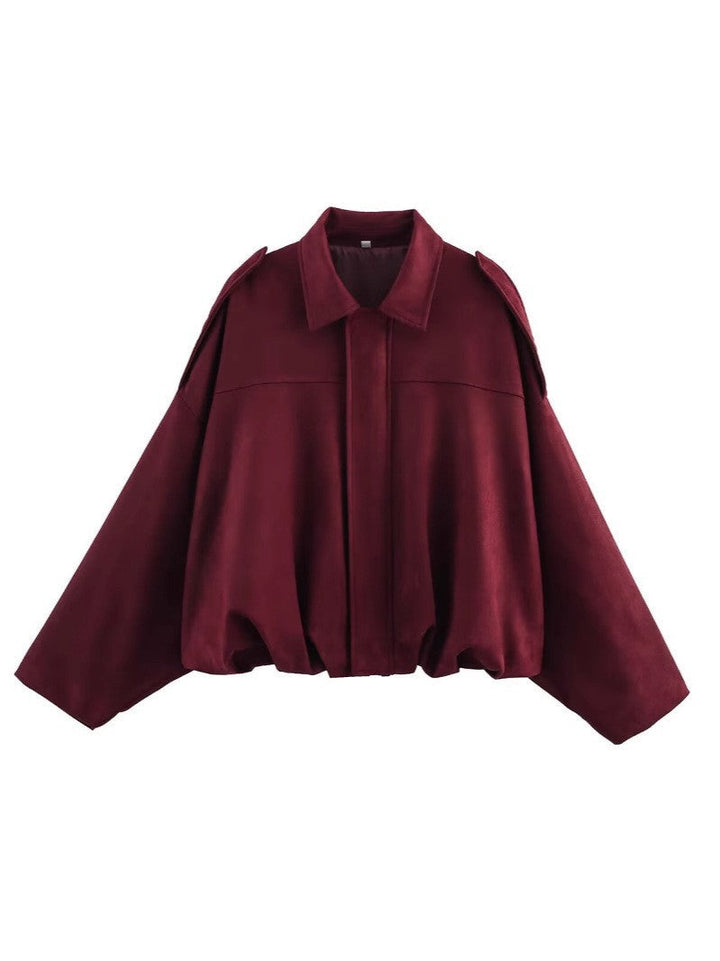 Women Cropped Oversized Blouson Jacket in Velour Look with Drawstring Hem and Epaulettes