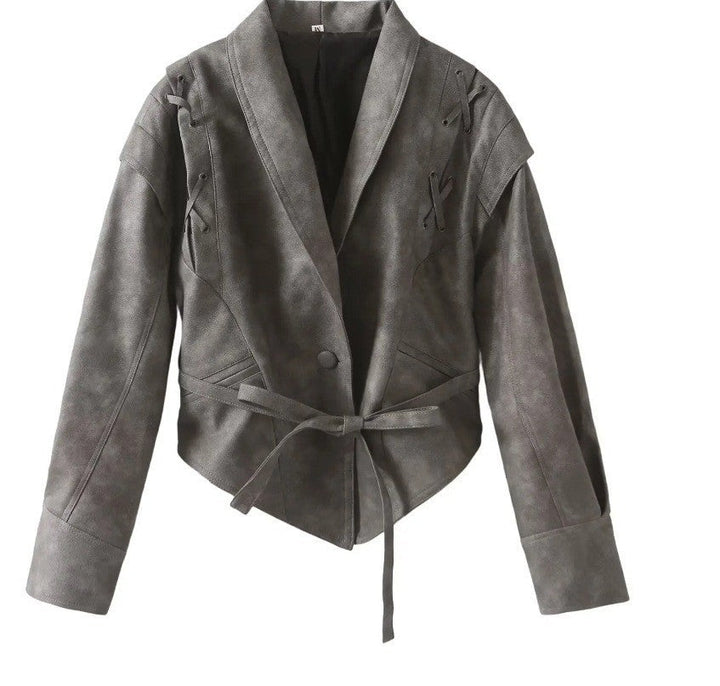 Ladies short jacket made of suede look with wrap belt, shawl collar and lacing detail