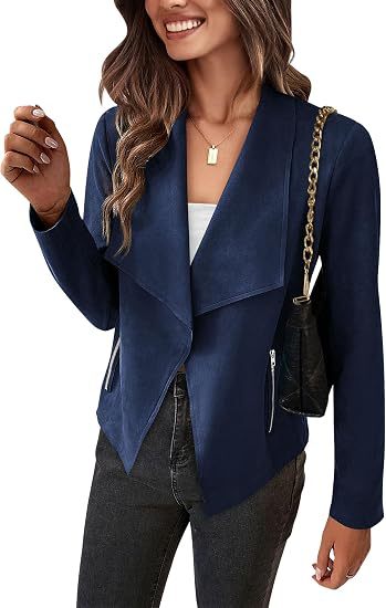 Women Faux Suede Waterfall Blazer with Asymmetrical Hem and Zip Pockets