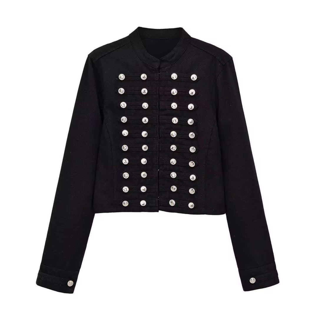 Women’s denim jacket in military style with row buttons and stand-up collar