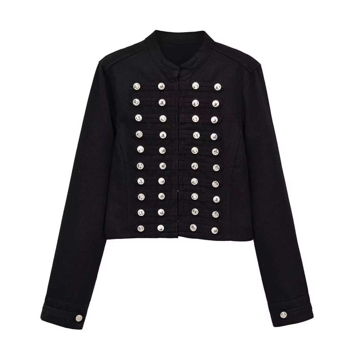 Women’s denim jacket in military style with row buttons and stand-up collar