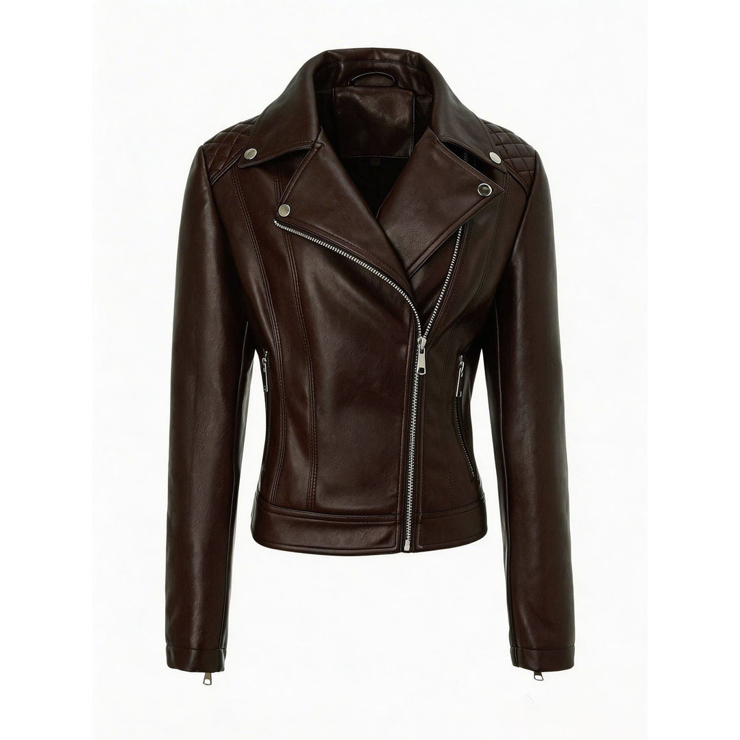 Women tailored biker leather jacket with quilted shoulders and asymmetric zip