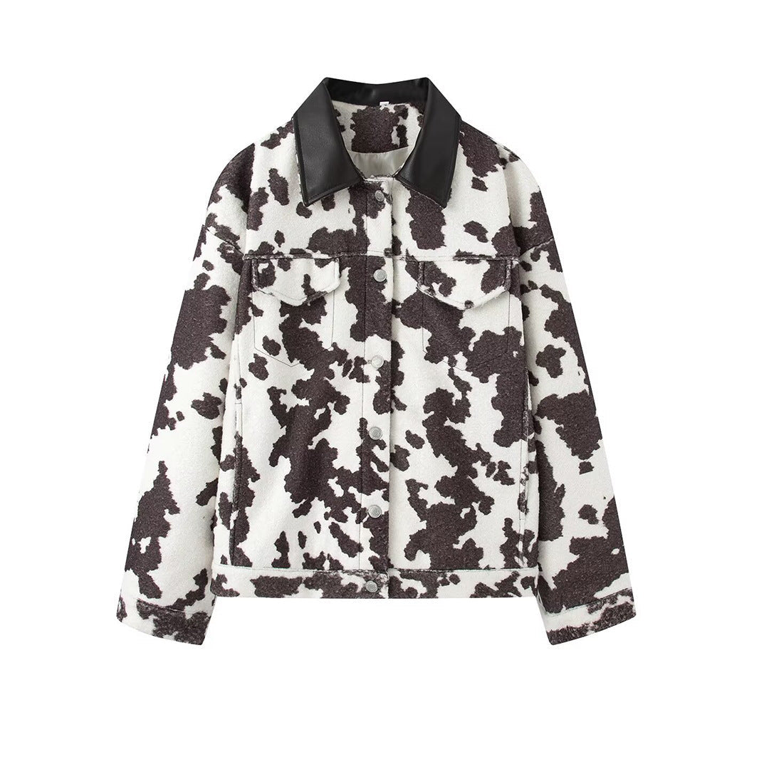 Women’s Short Jacket in Trucker Style with Cow Spot Pattern and Faux Leather Collar