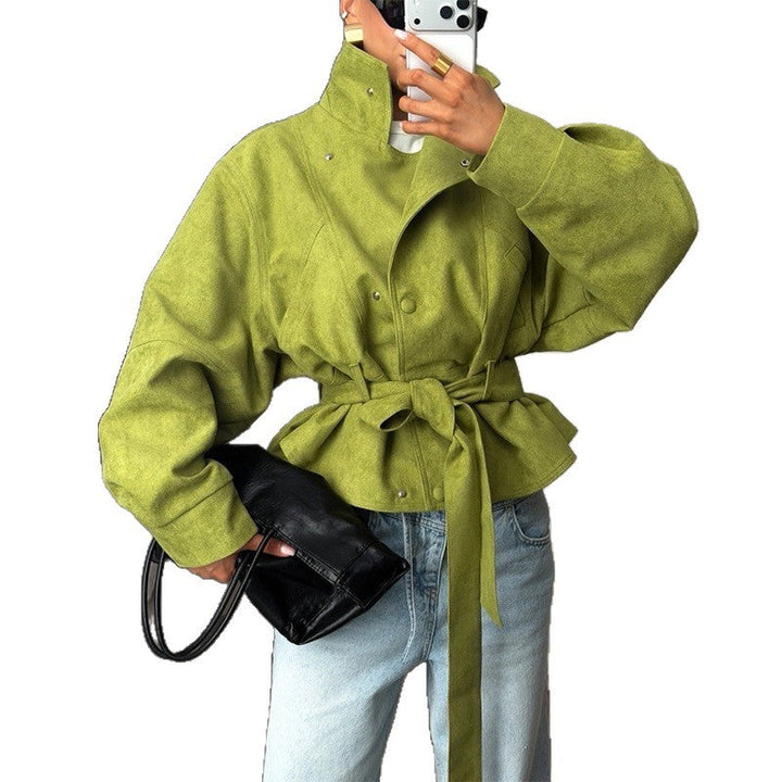 Ladies Tailored Short Jacket in Blouson Style with Tie Belt and Stand-Up Collar