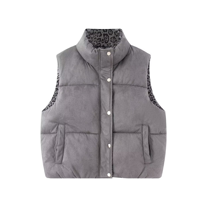Women Padded Quilted Vest with High Stand-Up Collar and Leopard Print Lining