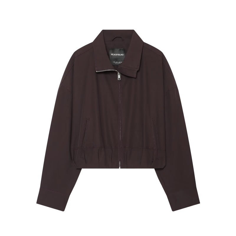 Women Cropped Boxy Jacket with Zip, Stand-Up Collar and Elastic Hem