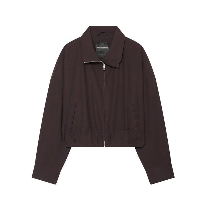 Women Cropped Boxy Jacket with Zip, Stand-Up Collar and Elastic Hem