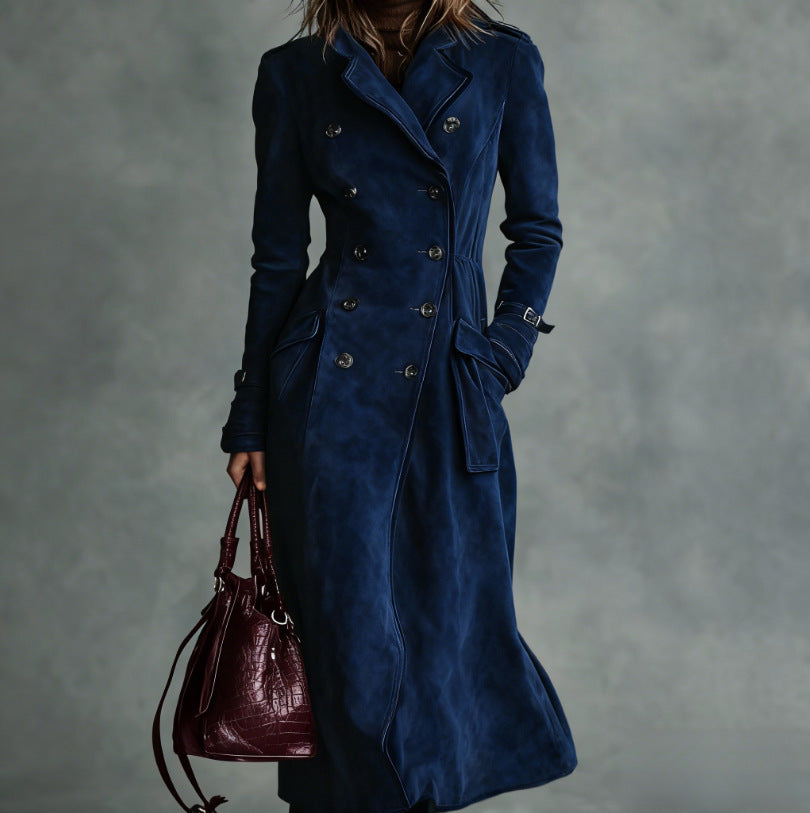 Women Longer Tailored Trench Coat in Suede Look with Double-Breasted Button Placket and Buckle Cuffs