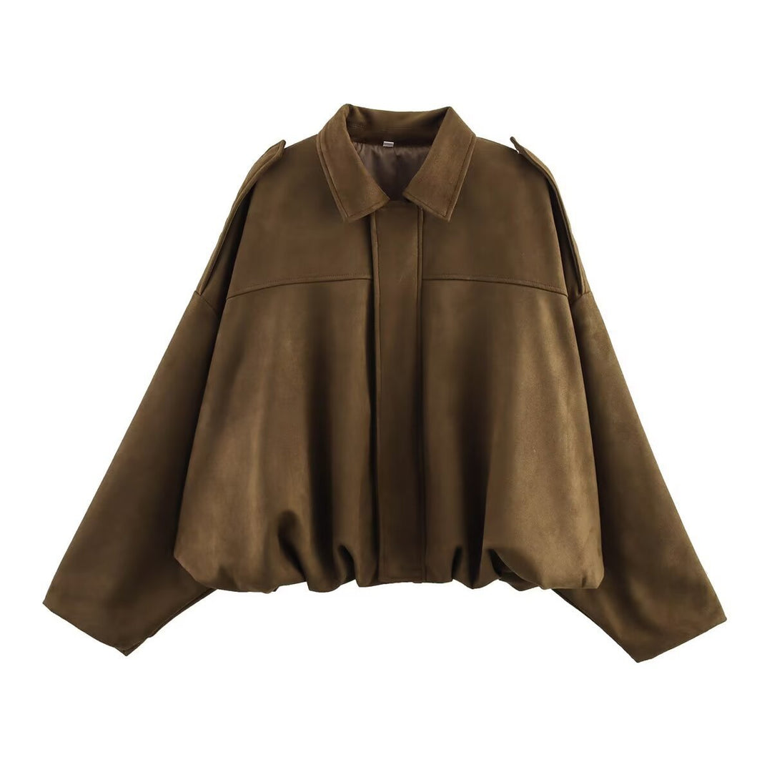 Women short cut oversized suede jacket with shoulder flaps and elastic hem