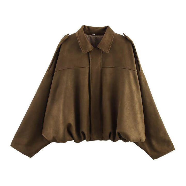 Women short cut oversized suede jacket with shoulder flaps and elastic hem