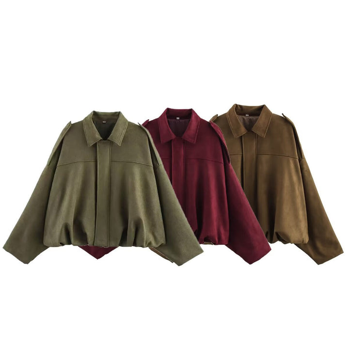 Women short cut oversized suede jacket with shoulder flaps and elastic hem
