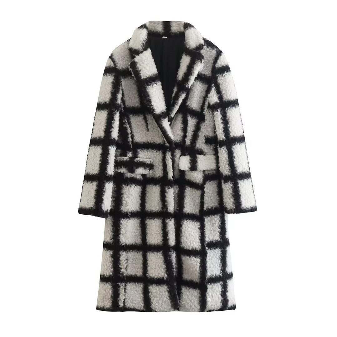 Ladies Long Checkered Teddy Coat with Revers Collar and Flap Pockets