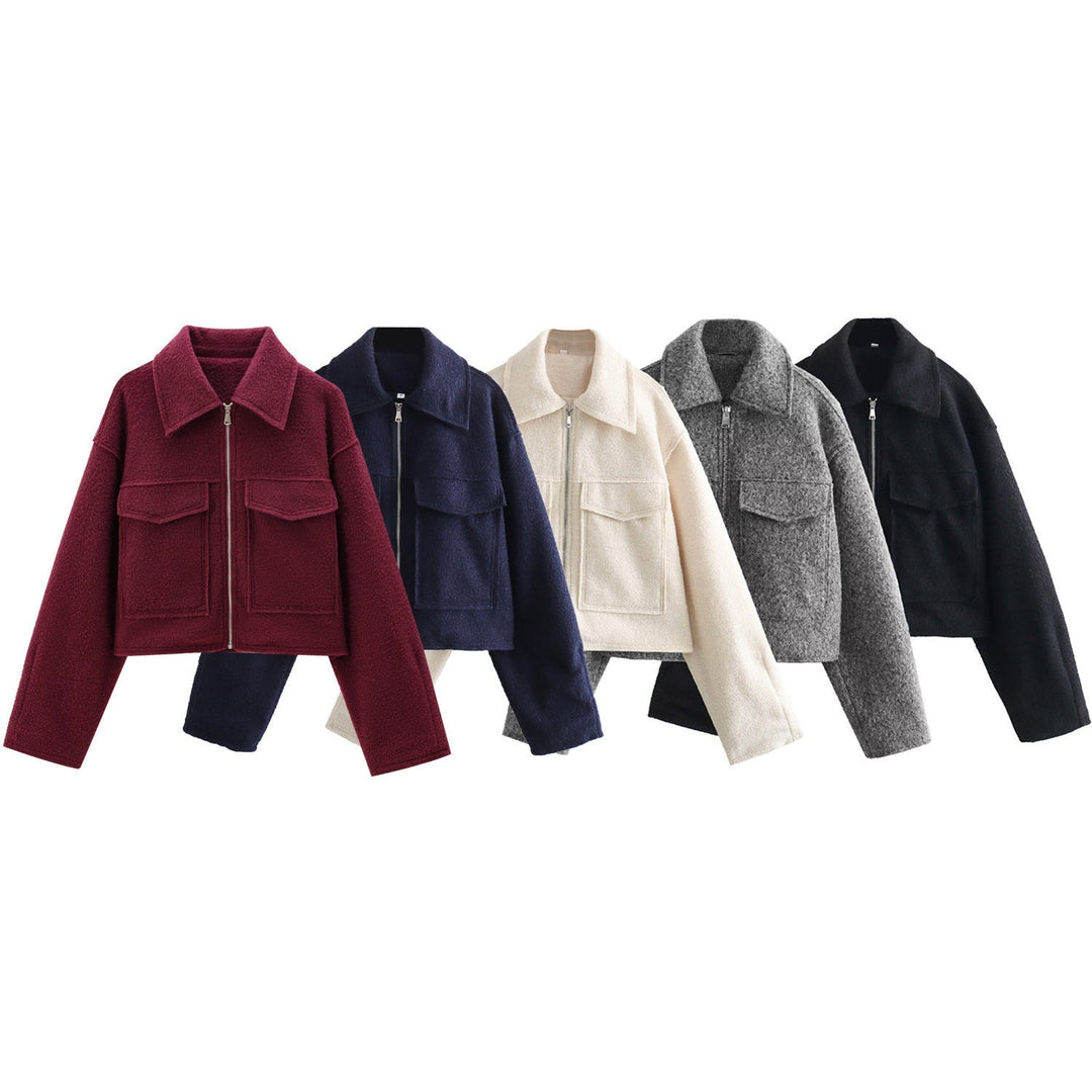 Women Short Boucle Jacket in Boxy Cut with Zip and Flap Pockets
