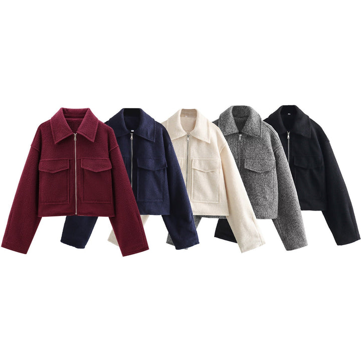 Women Short Boucle Jacket in Boxy Cut with Zip and Flap Pockets