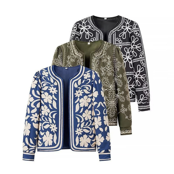 Women Open Blazer Jacket with Floral Allover Print, Round Neckline and Feminine Fit