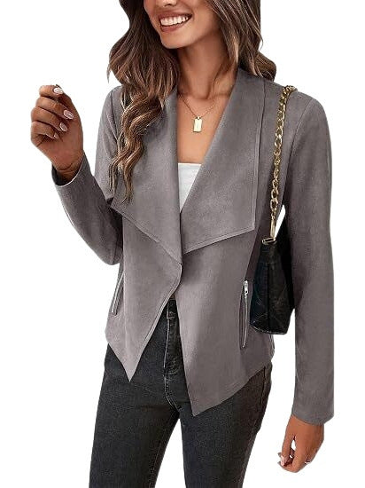 Women Faux Suede Waterfall Blazer with Asymmetrical Hem and Zip Pockets