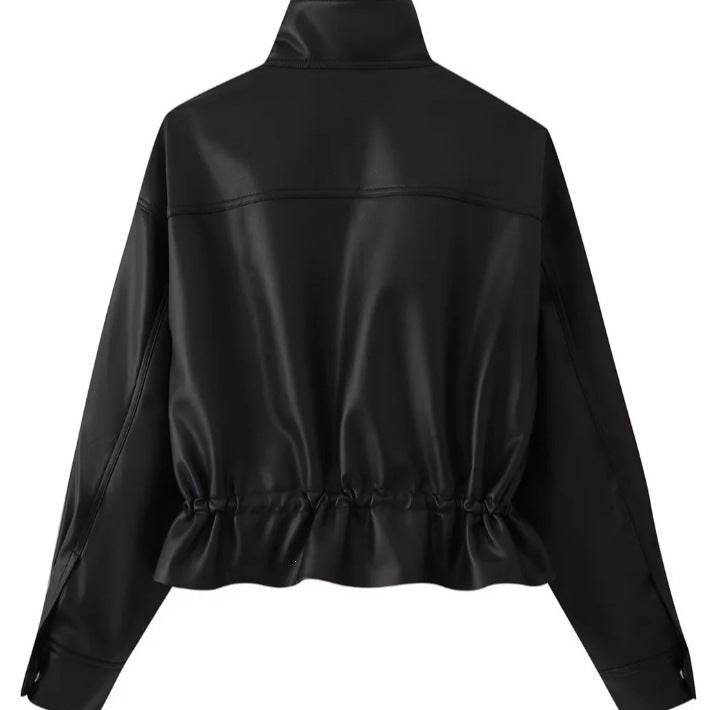 Women cropped faux leather jacket with stand collar, zip and tailored smocking
