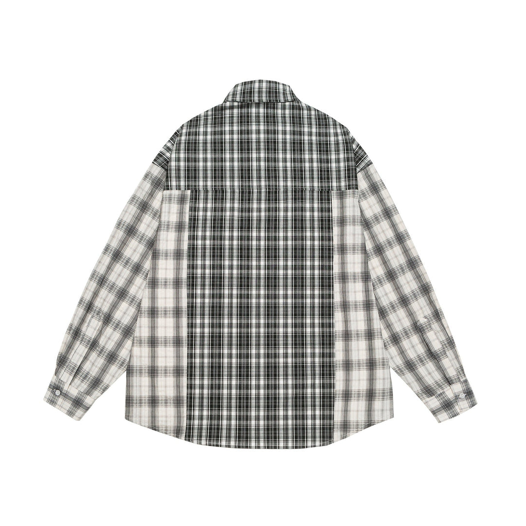 Unisex Oversized Shirt Jacket with Patchwork Check Pattern and Rounded Hem