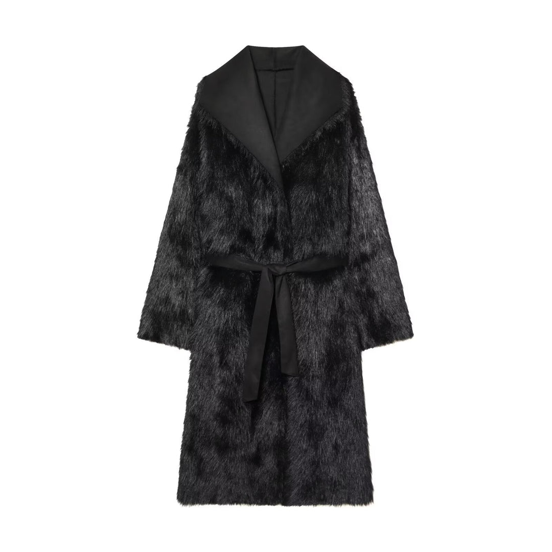Women longer coat with faux fur trim and tie belt
