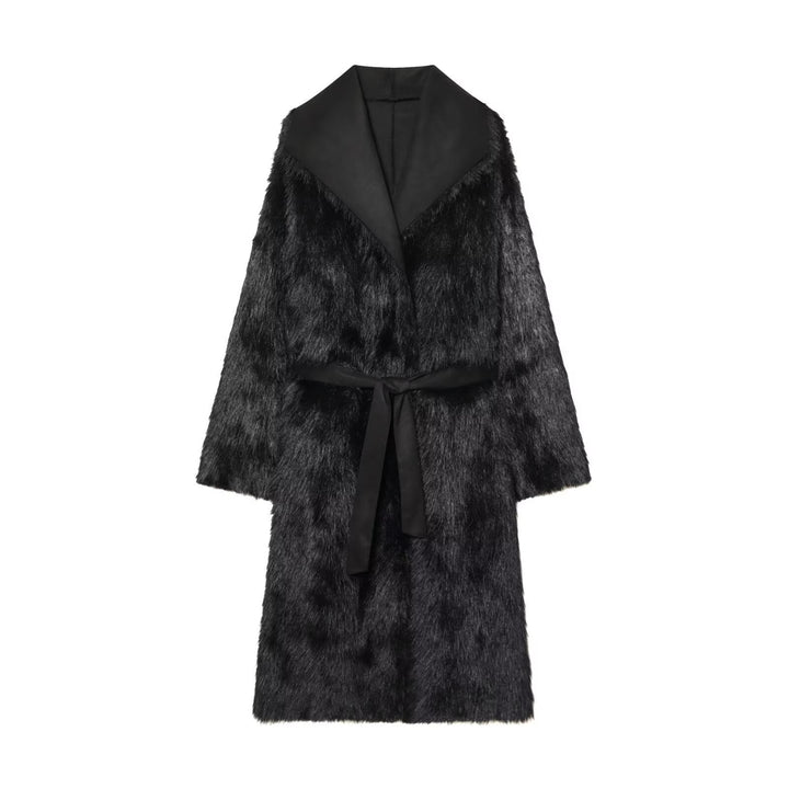 Women longer coat with faux fur trim and tie belt