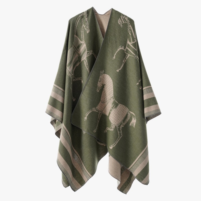 Women Jacquard Poncho Wrap with Horse Motif and Boxy Kimono Silhouette