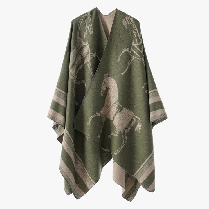 Women Jacquard Poncho Wrap with Horse Motif and Boxy Kimono Silhouette