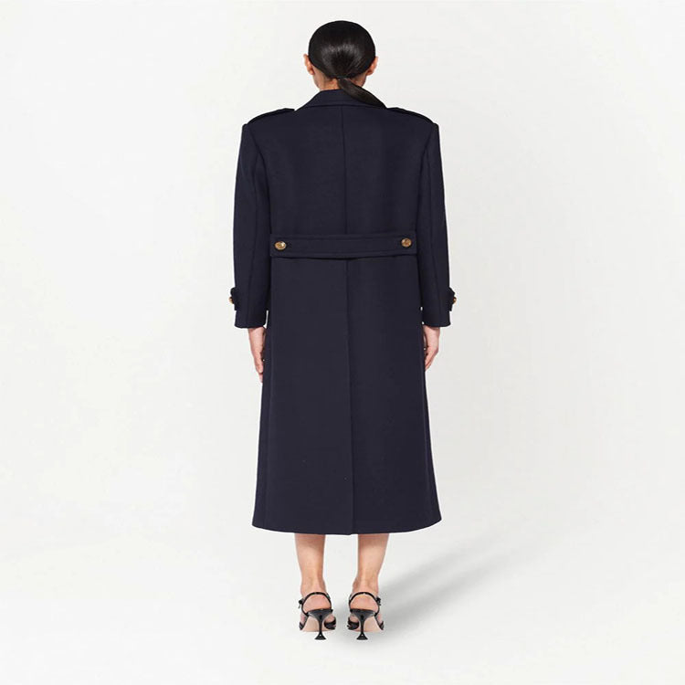 Women Double-breasted military-inspired Maxi Wool Coat with Epaulets and Decorative Straps