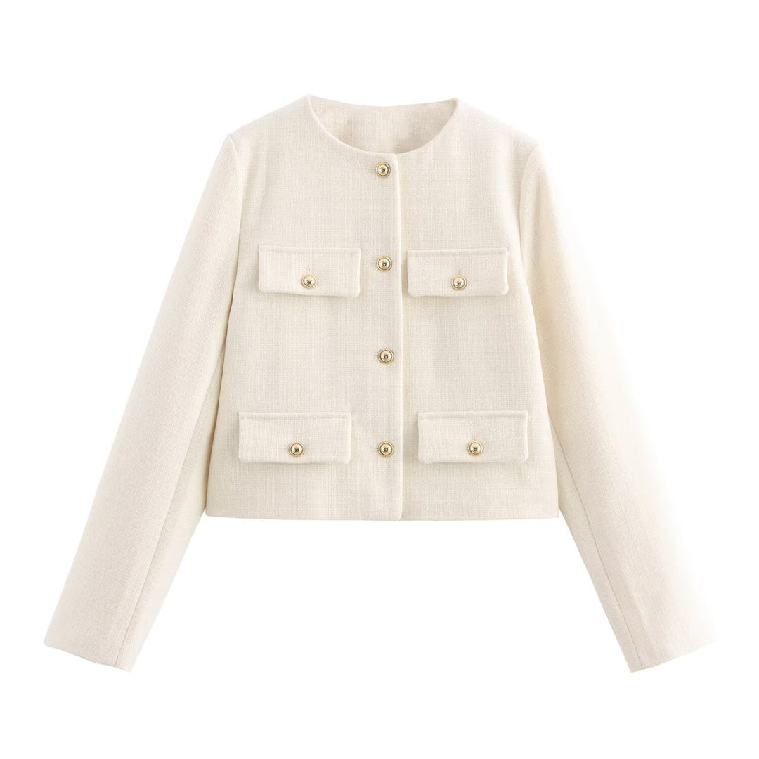 Women Short Boucle Blazer Jacket with Round Neck, Decorative Pocket Flaps, and Gold-Coloured Buttons