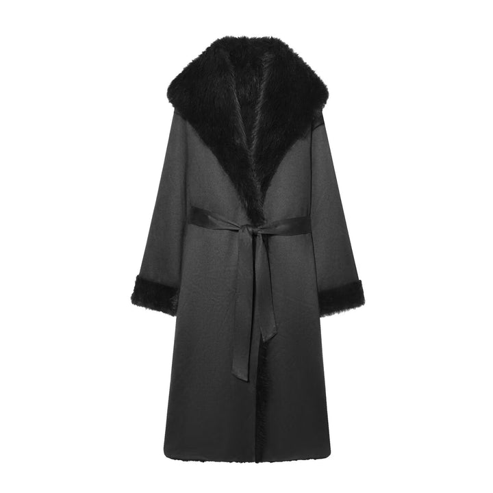 Women longer coat with faux fur trim and tie belt