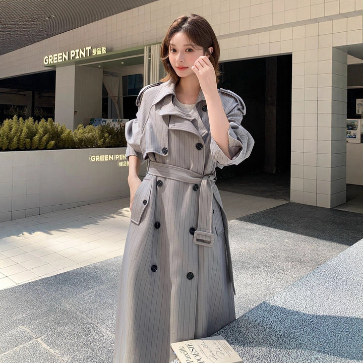 Women Elegant Maxi Long Pinstripe Trench with Shoulder Pads and Gathered Sleeves