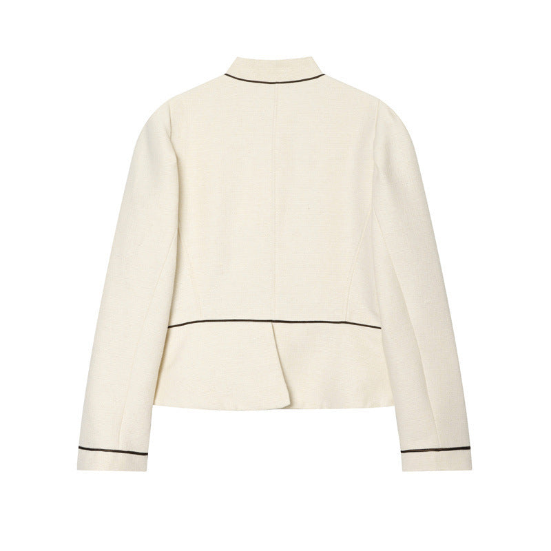 Women Bouclé-Tweed Short Jacket with Stand-Up Collar, Tailored Cut and Contrast Piping