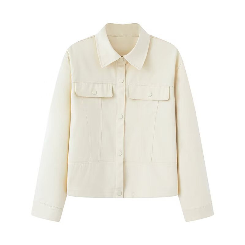 Women Short Cut Boxy Overshirt Jacket in Vegan Leather Look with Flap Pockets and Snap Button Closure