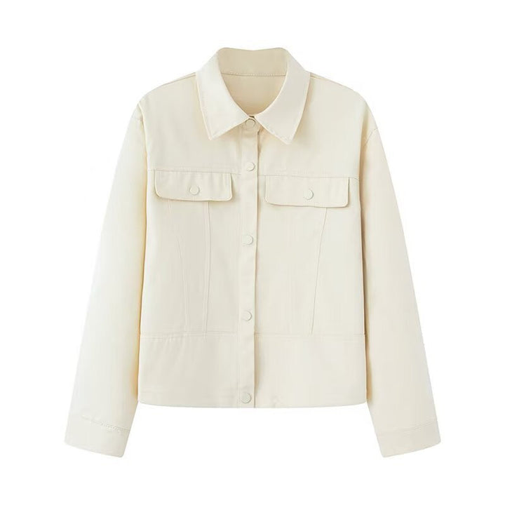 Women Short Cut Boxy Overshirt Jacket in Vegan Leather Look with Flap Pockets and Snap Button Closure