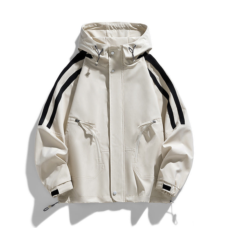 Unisex sporty-urban hooded windbreaker with contrast stripes