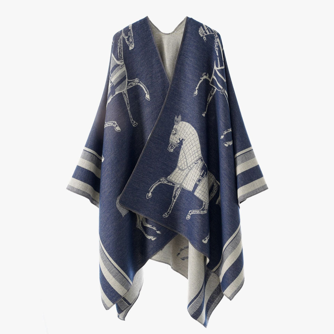 Women Jacquard Poncho Wrap with Horse Motif and Boxy Kimono Silhouette
