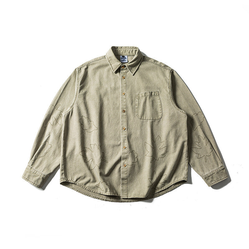 Unisex Oversized Shirt Jacket with Embroidered Leaf Motifs and Rounded Hem