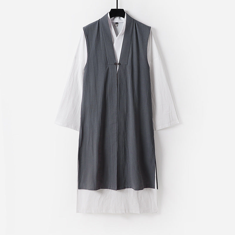 Ladies Long Sleeveless Kimono Vest with Minimalist Lines and Decorative Toggle Closure