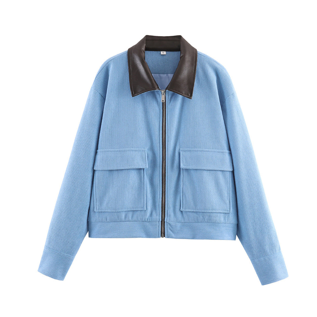 Women Ribbed Short Jacket with Zip, Patch Pockets and Contrast Faux Leather Collar
