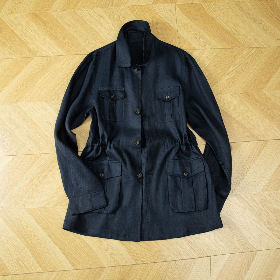 Ladies utility jacket made of linen blend with drawstring, patch pockets and shirt collar