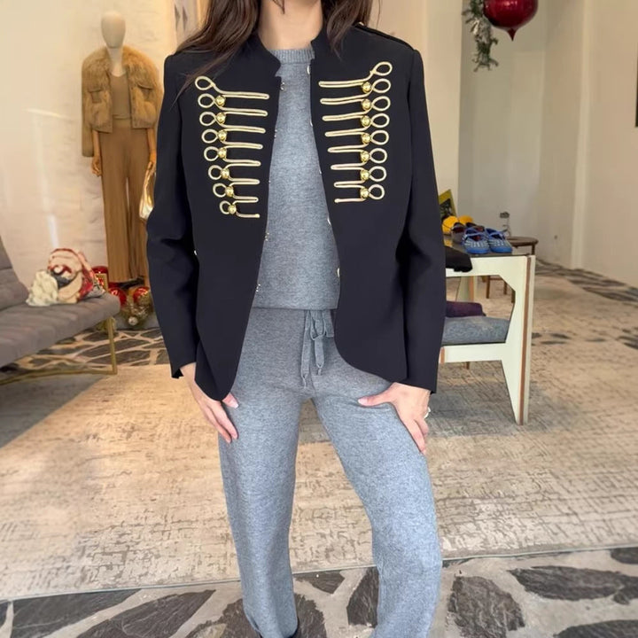 Ladies military short blazer with gold cord trim and decorative closures