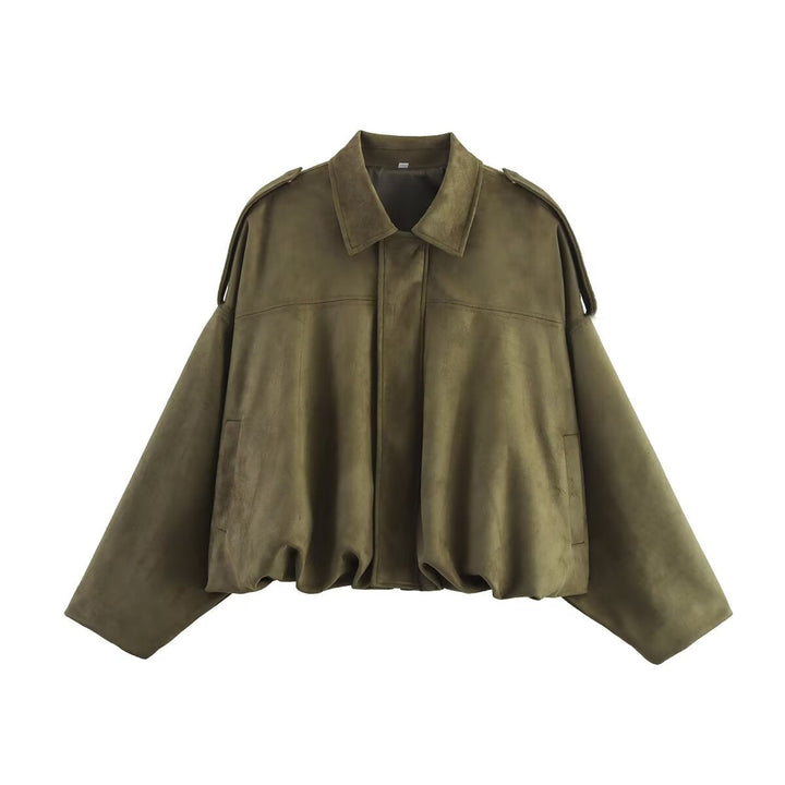 Women Cropped Oversized Blouson Jacket in Velour Look with Drawstring Hem and Epaulettes