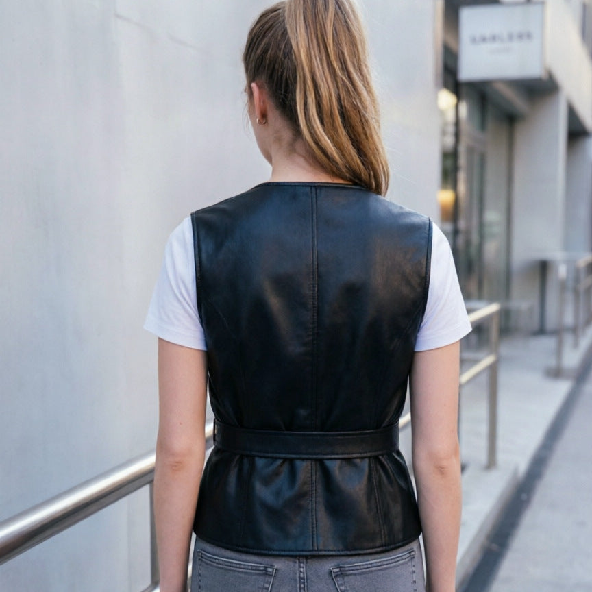 Women tailored sleeveless leather vest with belt and V-neck