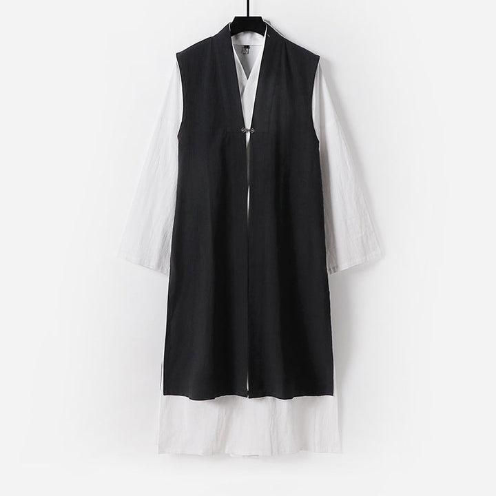 Ladies Long Sleeveless Kimono Vest with Minimalist Lines and Decorative Toggle Closure