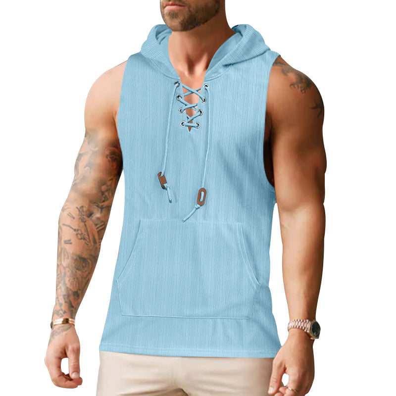 Men sleeveless hoodie sweatshirt with laced collar and kangaroo pocket