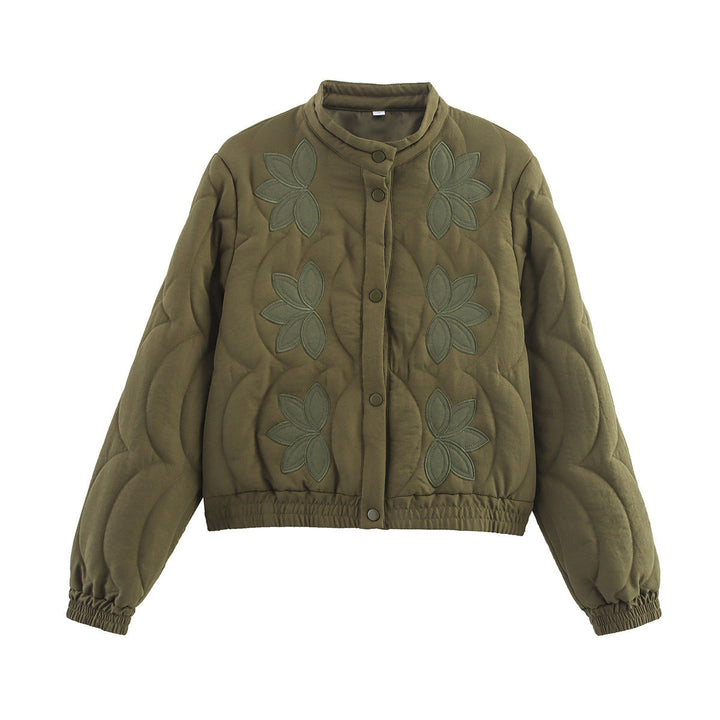 Women Short Quilted Blouson with Floral Quilted Application, Stand-up Collar and Elastic Waistband