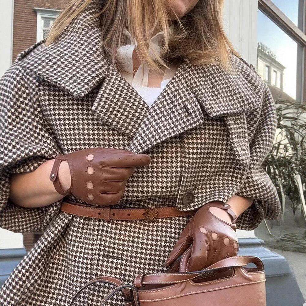 Women Oversize Trench Coat with Houndstooth Pattern, High Stand Collar and Shoulder Epaulettes