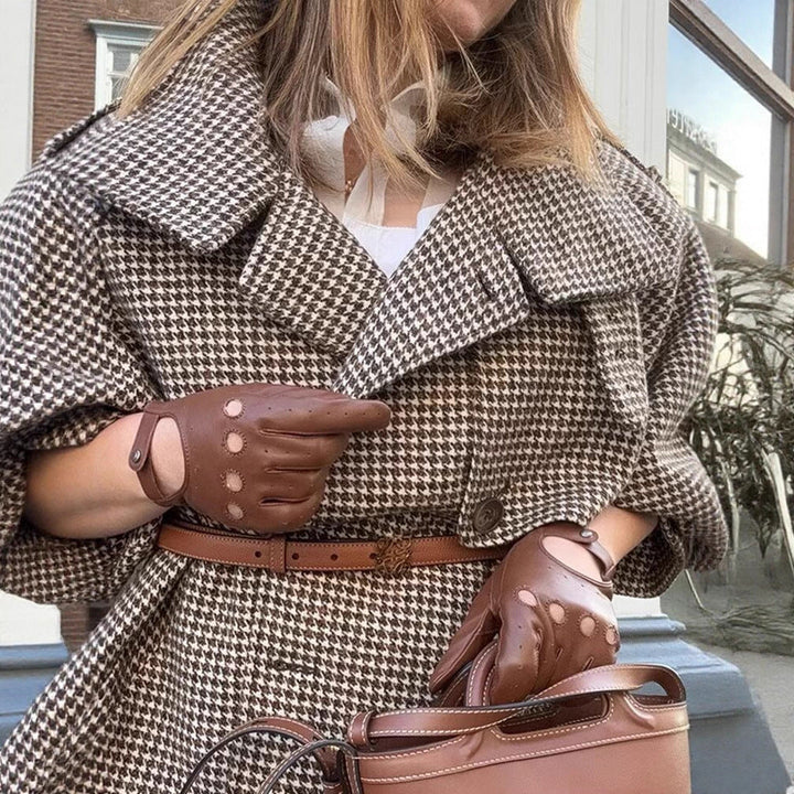 Women Oversize Trench Coat with Houndstooth Pattern, High Stand Collar and Shoulder Epaulettes
