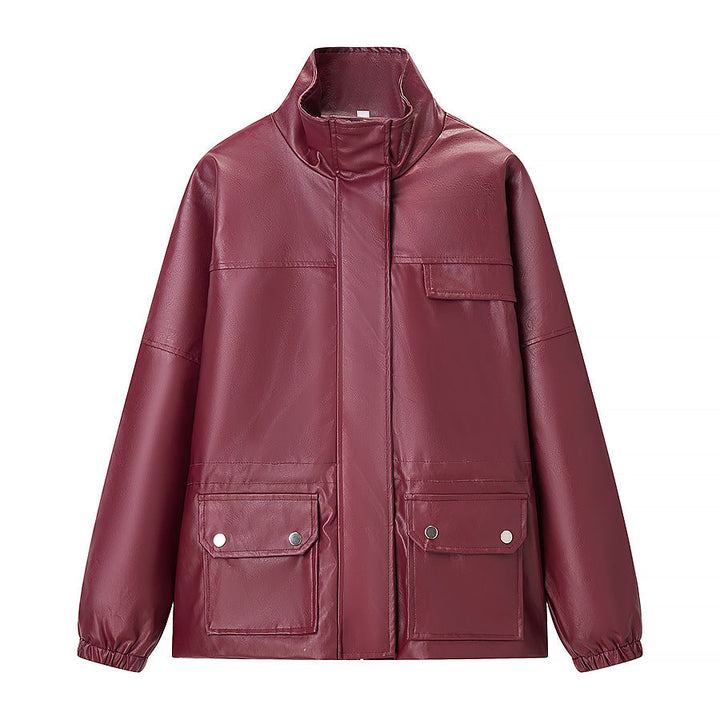 Women Water-Repellent Faux Leather Utility Jacket with Stand Collar and Flap Pockets