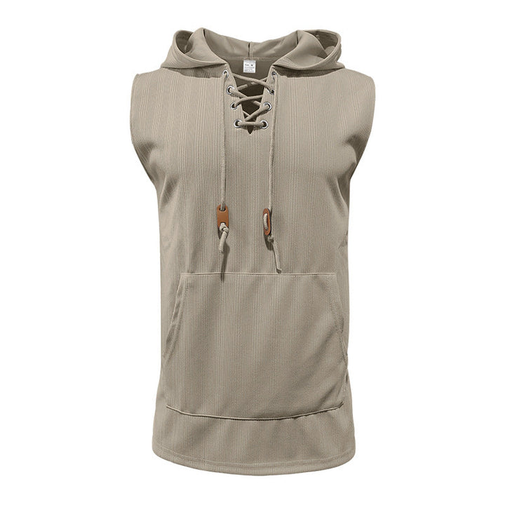 Men sleeveless hoodie sweatshirt with laced collar and kangaroo pocket